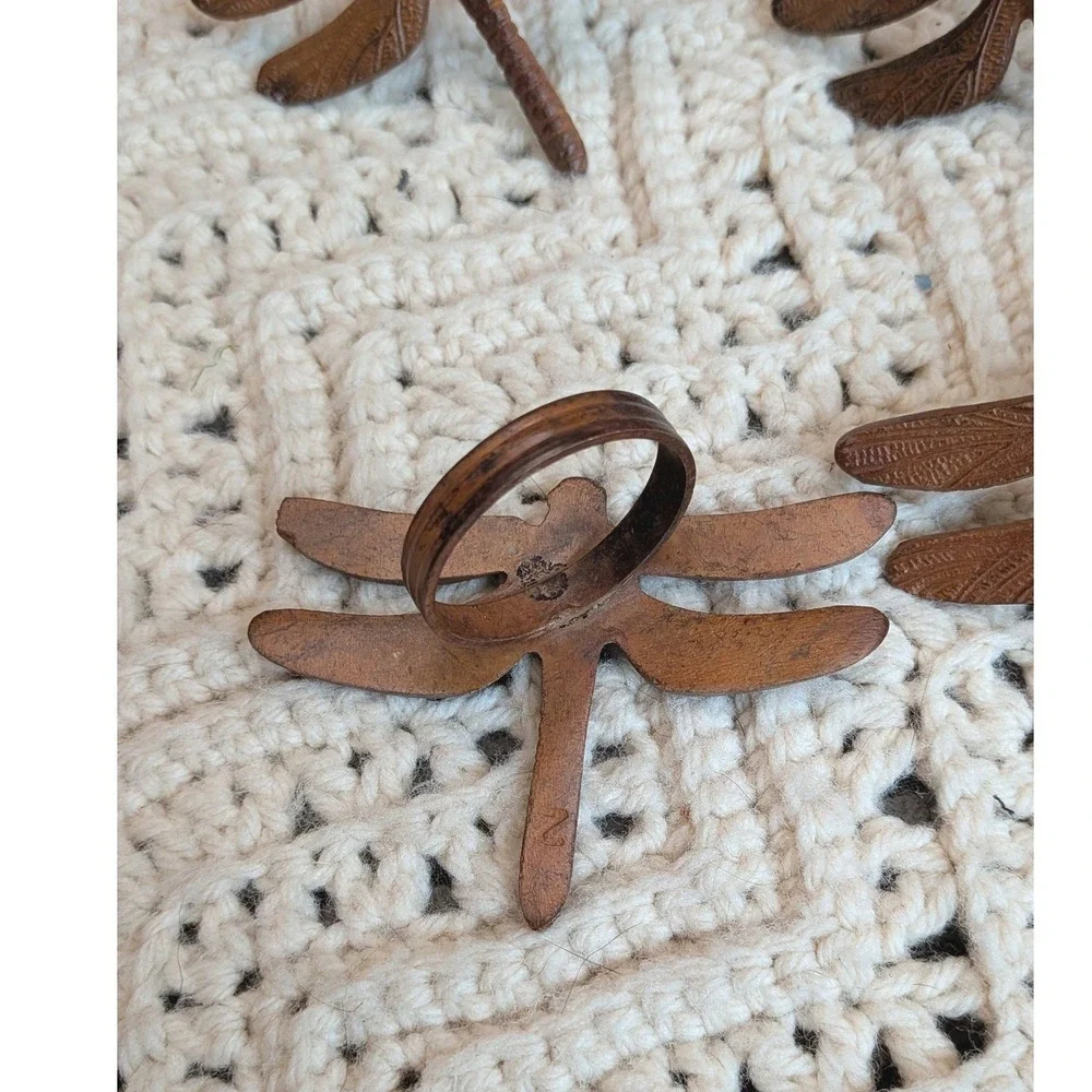 Set of 6 Vintage Pier 1 Cast Metal Dragonfly Napkin Rings Rustic Brown Decor
